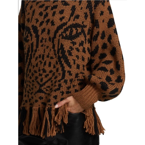 Farm Rio Leopard Fringe Sweater S Turtleneck Pullover Brown Black Knit Wool New - Picture 5 of 11